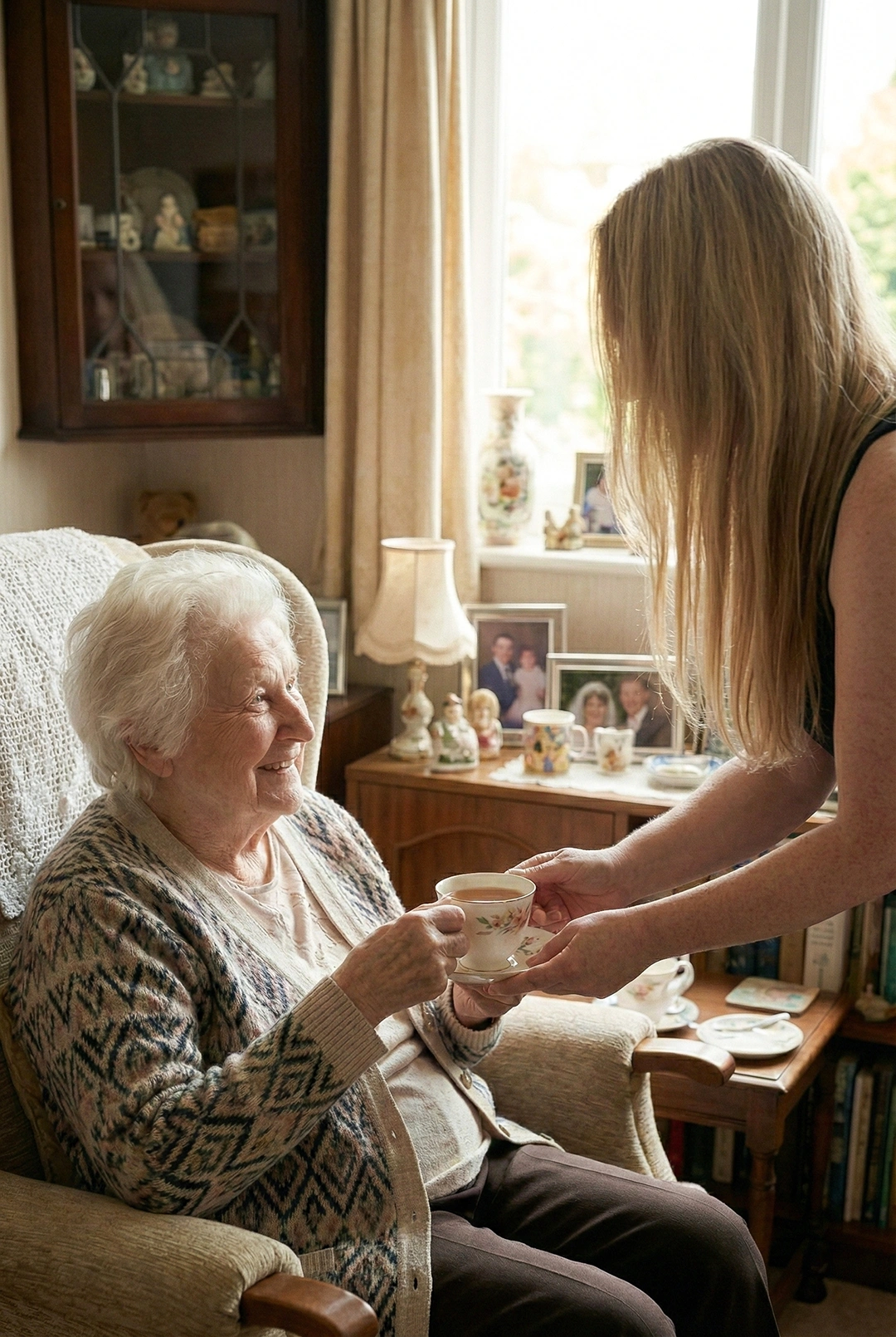 Opiekunka podaje filiżankę herbaty uśmiechniętej seniorce w jej domu